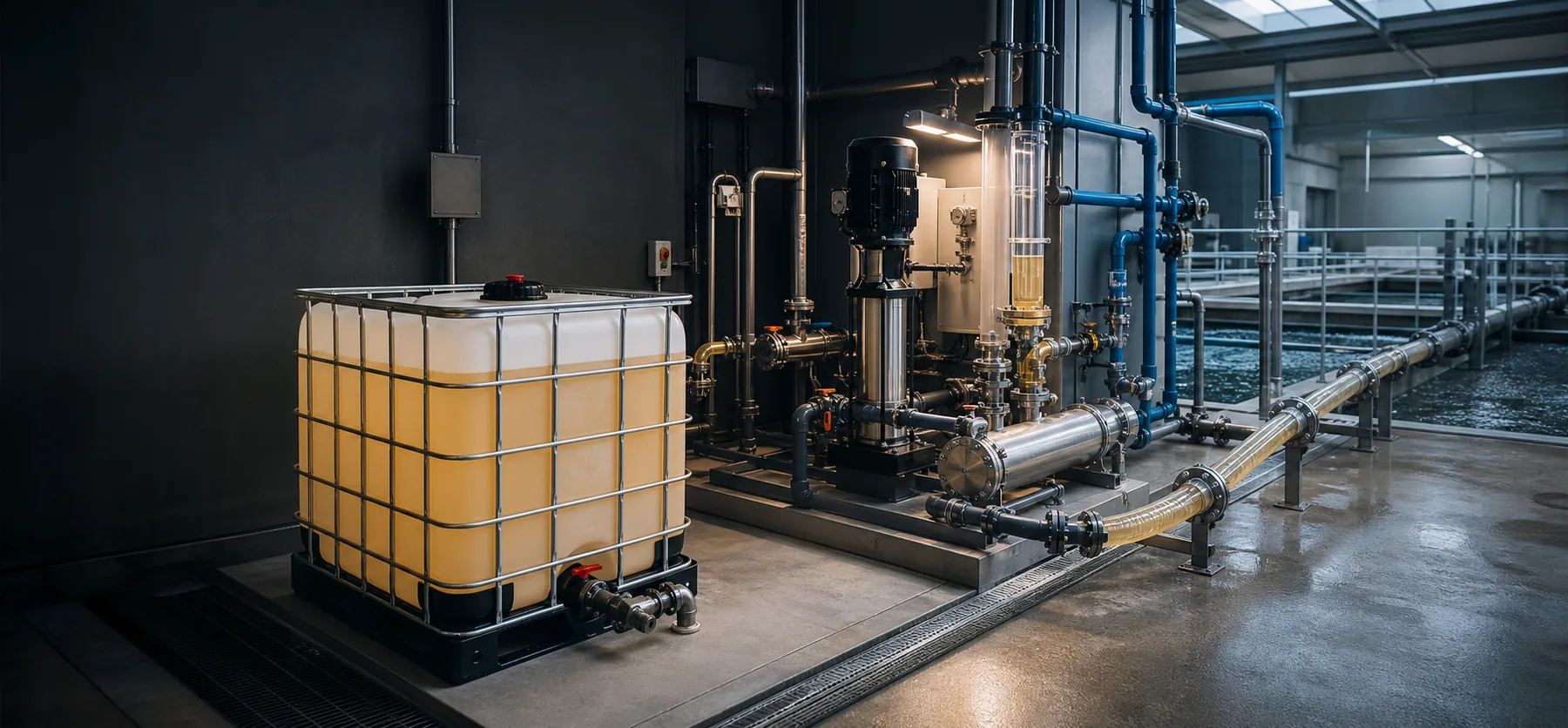 Liquid polyacrylamide emulsion IBC, metering pumps and inline activation skid in a wastewater plant